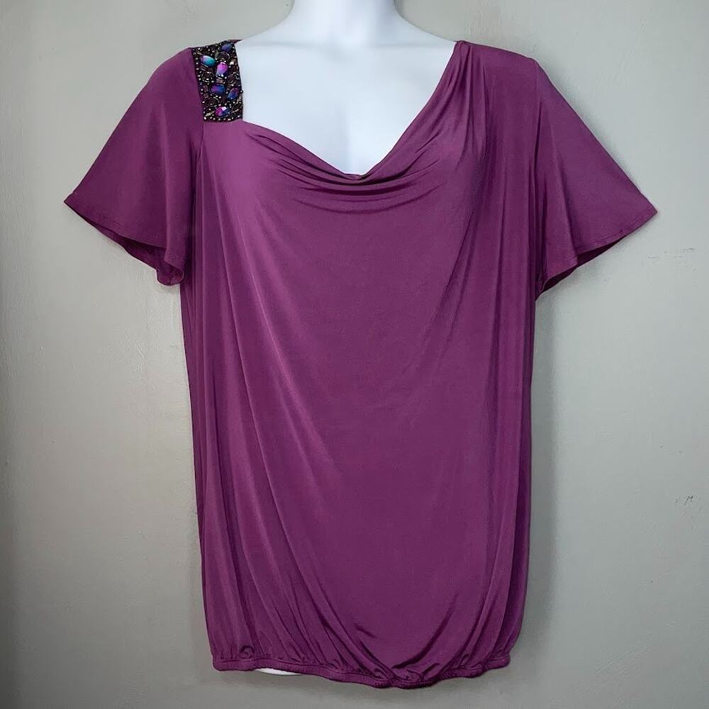 Maurices Going Out Top Plus Size 1 1X Dark Purple Slinky Knit Drape Neck Beaded